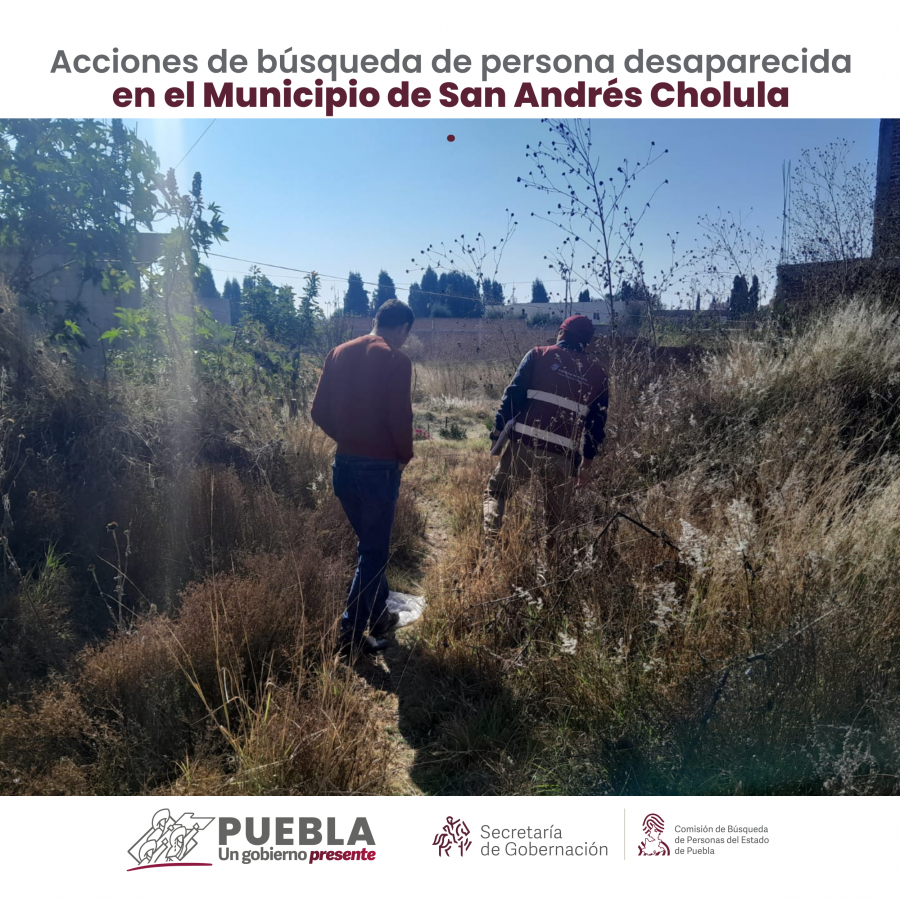Como parte de nuestro trabajo realizamos Acciones de Búsqueda de Personas Desaparecidas en el municipio de San Andrés Cholula, en coordinación con autoridades Estatales, locales y familiares.
