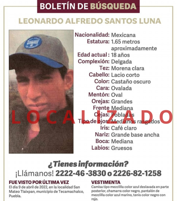 Se informa que Leonardo Alfredo Santos Luna, fue localizado. ¡Gracias por tu ayuda! #QueTodasYTodosregresenACasa