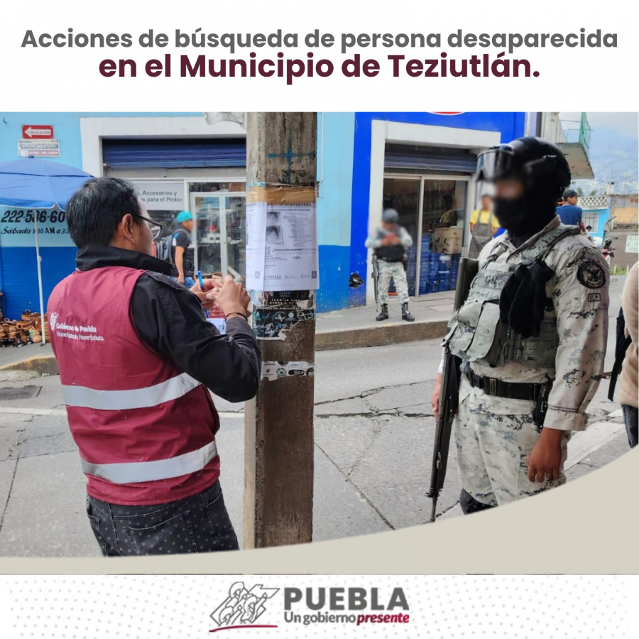 Como parte de nuestro trabajo realizamos Acciones de Búsqueda de Personas Desaparecidas en el Municipio de Teziutlán, en coordinación con autoridades Federales, Estatales, Municipales y familiares