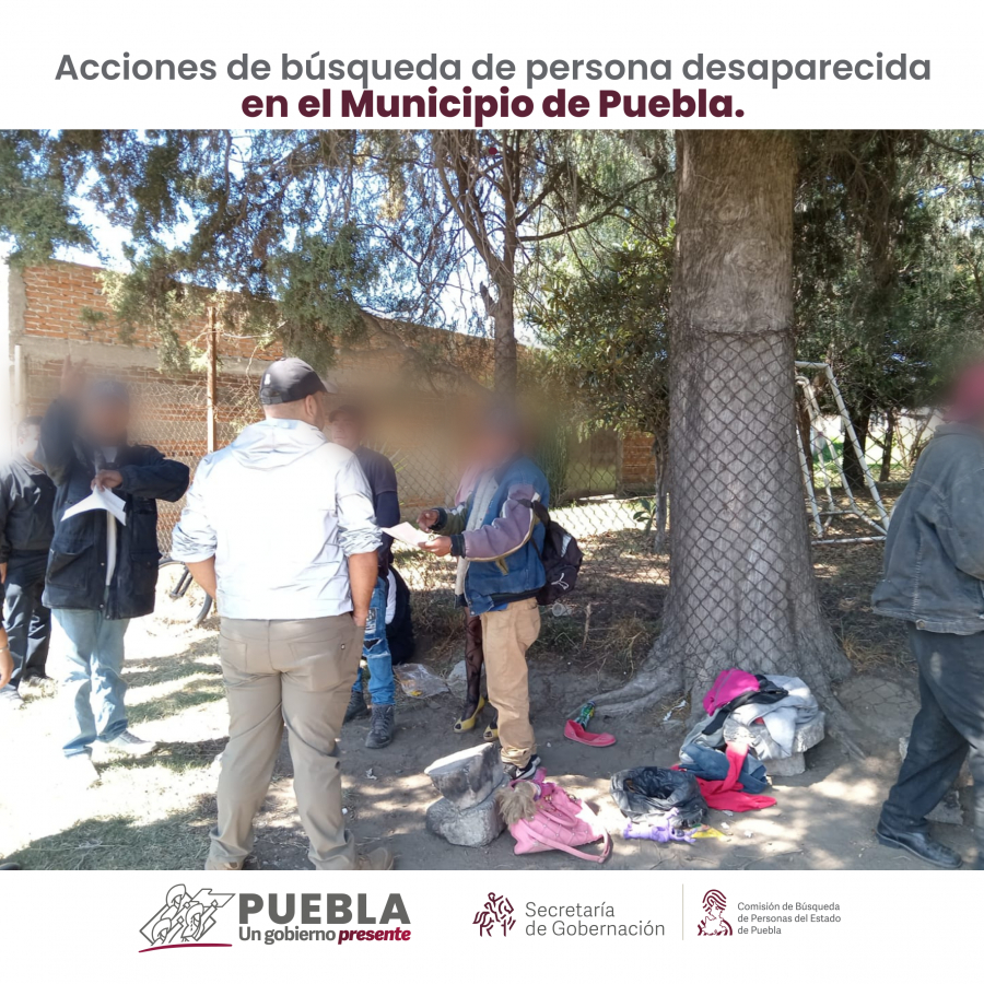 Como parte de nuestro trabajo realizamos Acciones de Búsqueda de Personas Desaparecidas en el municipio de Puebla, en coordinación con autoridades Estatales, locales y familiares.