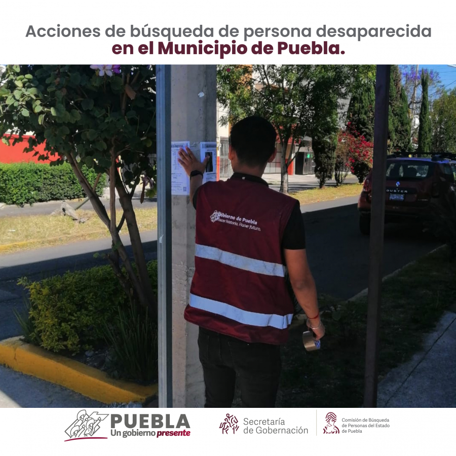 Como parte de nuestro trabajo realizamos Acciones de Búsqueda de Personas Desaparecidas en el municipio de Puebla, en coordinación con autoridades Estatales, locales y familiares.