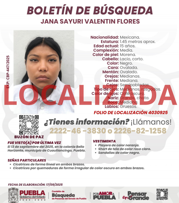 Jana Sayuri Valentin Flores - localizada