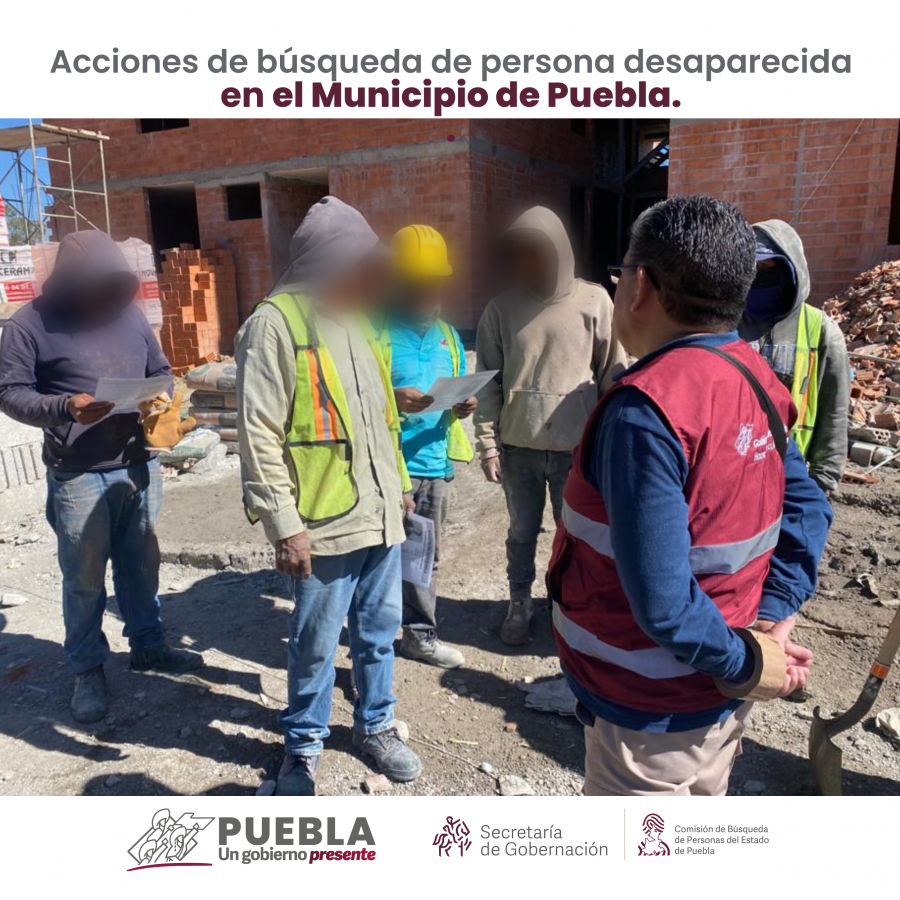 Como parte de nuestro trabajo realizamos Acciones de Búsqueda de Personas Desaparecidas en el municipio de Puebla, en coordinación con autoridades Estatales, locales y familiares.