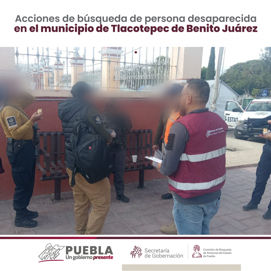 Como parte de nuestro trabajo realizamos Acciones de Búsqueda de Personas Desaparecidas en el municipio de Tlacotepec de Benito Juárez, en coordinación con autoridades Estatales, locales y familiares.