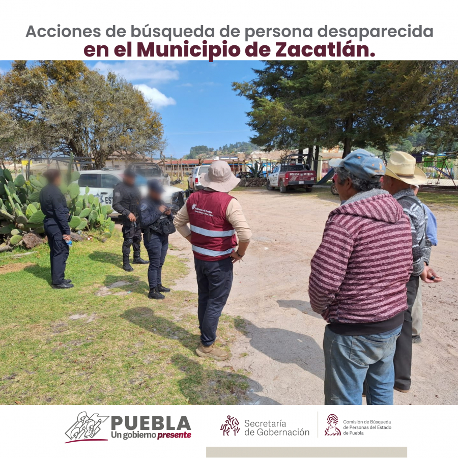 Como parte de nuestro trabajo realizamos Acciones de Búsqueda de Personas Desaparecidas en el municipio de Zacatlán, en coordinación con autoridades Estatales, locales y familiares.