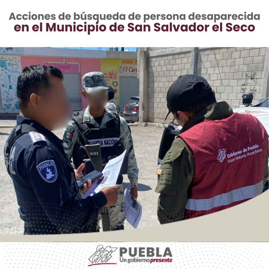 Como parte de nuestro trabajo realizamos Acciones de Búsqueda de Personas Desaparecidas en el Municipio de San Salvador el Seco, en coordinación con autoridades Federales, Estatales, Municipales y familiares