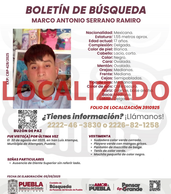 Marco Antonio Serrano Ramiro - localizado