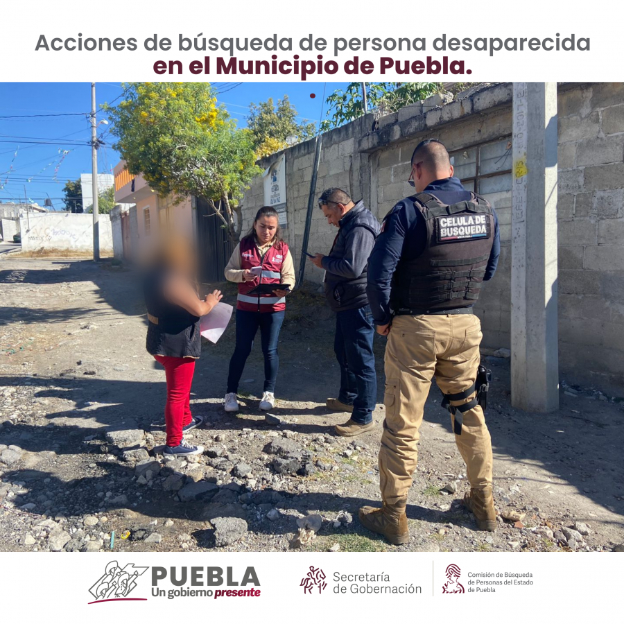 Como parte de nuestro trabajo realizamos Acciones de Búsqueda de Personas Desaparecidas en el municipio de Puebla, en coordinación con autoridades Estatales, locales y familiares.