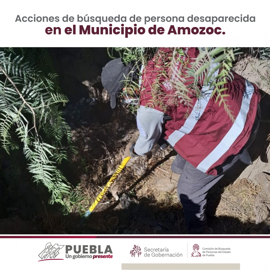 Como parte de nuestro trabajo realizamos Acciones de Búsqueda de Personas Desaparecidas en el municipio de Amozoc, en coordinación con autoridades Estatales, locales y familiares.