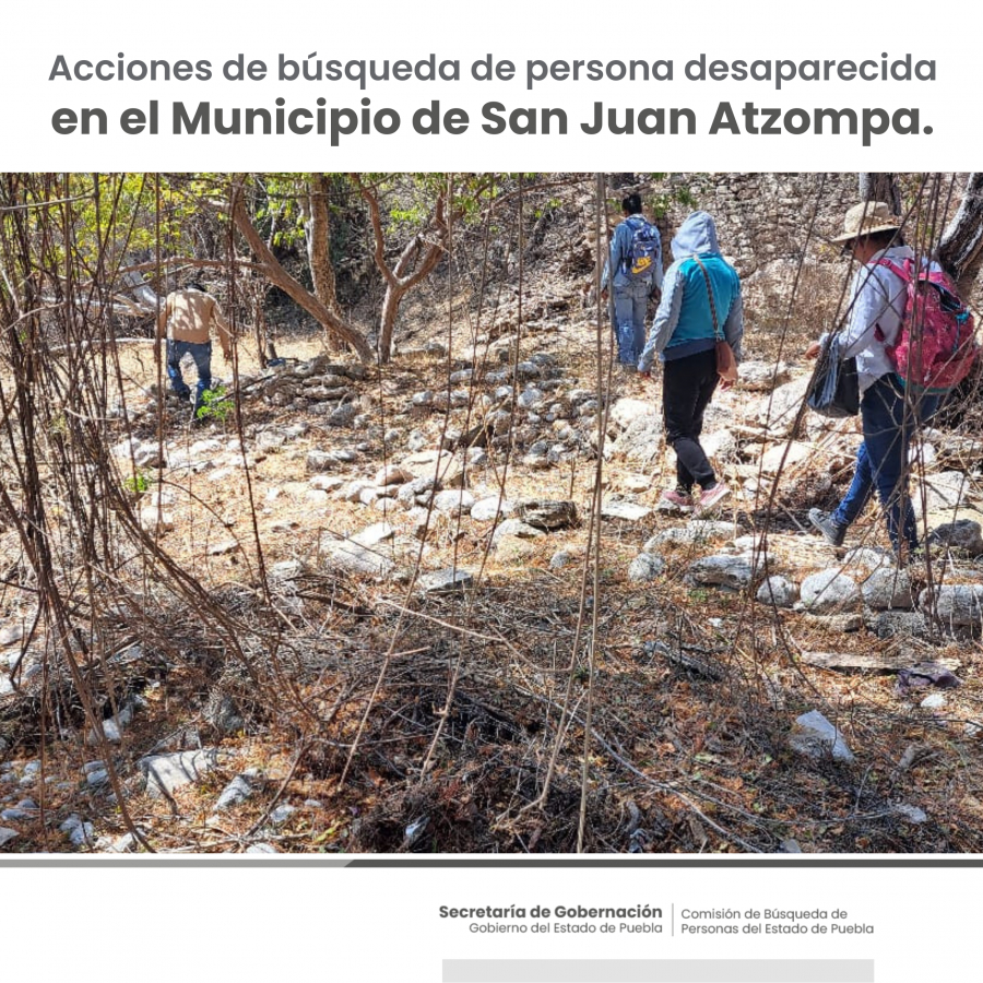 Como parte de nuestro trabajo realizamos Acciones de Búsqueda de Personas Desaparecidas en el municipio de San Juan Atzompa, en coordinación con autoridades Estatales, locales y familiares