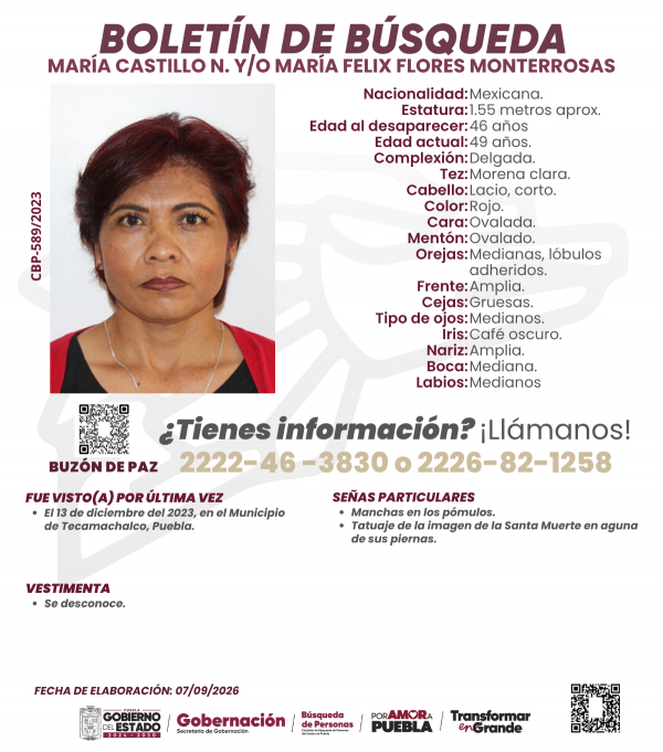 Mar&iacute;a Catillo y/o Mar&iacute;a Felix Flores Monterrosas ACTUALIZACI&Oacute;N