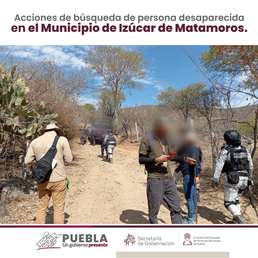 Como parte de nuestro trabajo realizamos Acciones de Búsqueda de Personas Desaparecidas en el municipio de Izúcar de Matamoros, en coordinación con autoridades Estatales, locales y familiares.