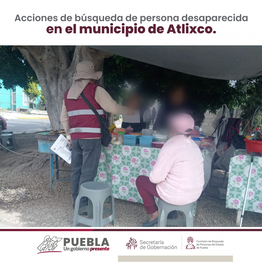 Como parte de nuestro trabajo realizamos Acciones de Búsqueda de Personas Desaparecidas en el municipio de Atlixco, en coordinación con autoridades Estatales, locales y familiares.