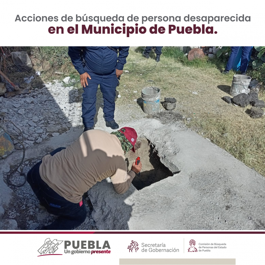 Como parte de nuestro trabajo realizamos Acciones de Búsqueda de Personas Desaparecidas en el municipio de Puebla, en coordinación con autoridades Estatales, locales y familiares.