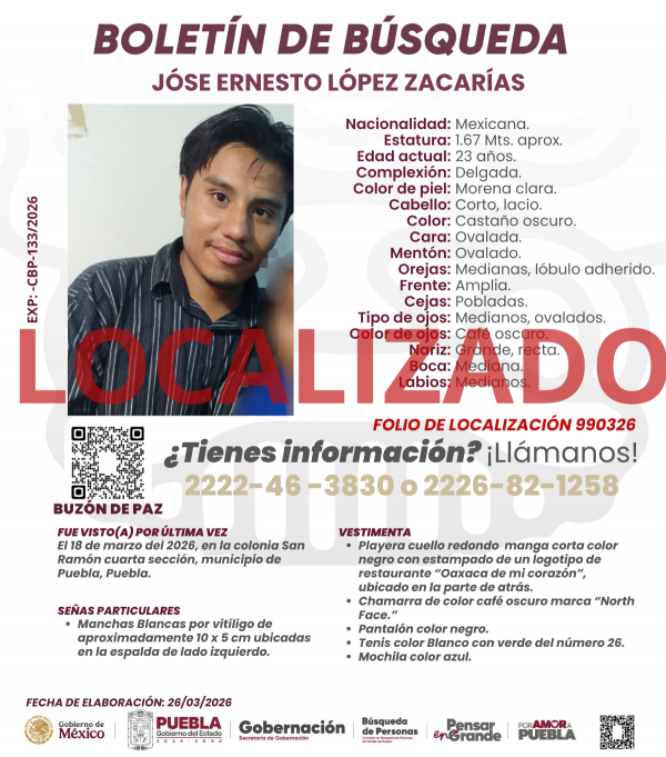 Jos&eacute; Ernesto L&oacute;pez Zacar&iacute;as - localizado