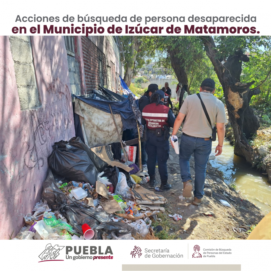 Como parte de nuestro trabajo realizamos Acciones de Búsqueda de Personas Desaparecidas en el municipio de Izúcar de Matamoros, en coordinación con autoridades Estatales, locales y familiares.