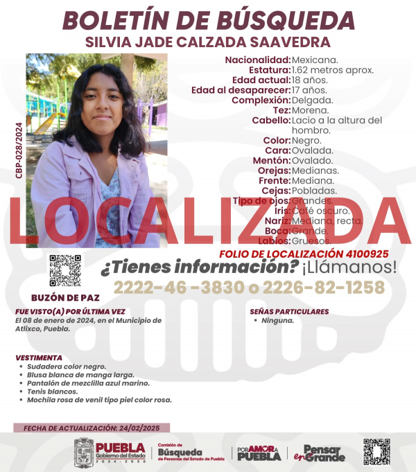 Silvia Jade Calzada Saavedra - localizada