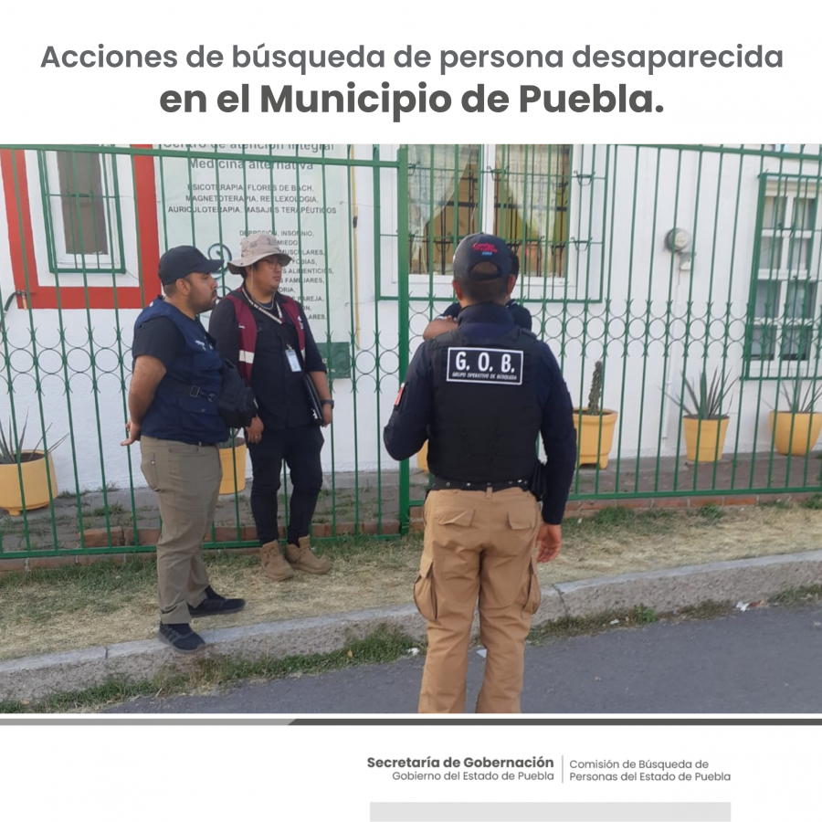Como parte de nuestro trabajo realizamos Acciones de Búsqueda de Personas Desaparecidas en el municipio de Puebla, en coordinación con autoridades Estatales, locales y familiares.