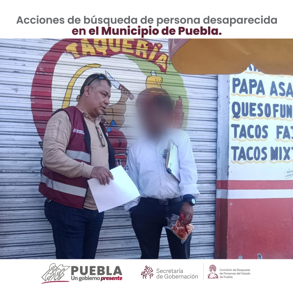 Como parte de nuestro trabajo realizamos Acciones de Búsqueda de Personas Desaparecidas en el municipio de Puebla, en coordinación con autoridades Estatales, locales y familiares.